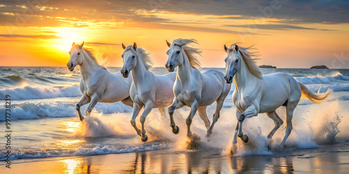 White horses running on the beach at sunset, horses, beach, running, white, sunset, nature, wild, freedom, galloping, beautiful