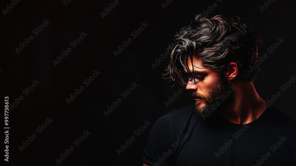An intense man with dark hair and beard posing in the dark, creating a dramatic and mysterious atmosphere. The low-light setting accentuates his rugged features and brooding expression. The image evok An intense man with dark hair and beard posing in the dark, creating a dramatic and mysterious atmosphere. The low-light setting accentuates his rugged features and brooding expression. The image evok