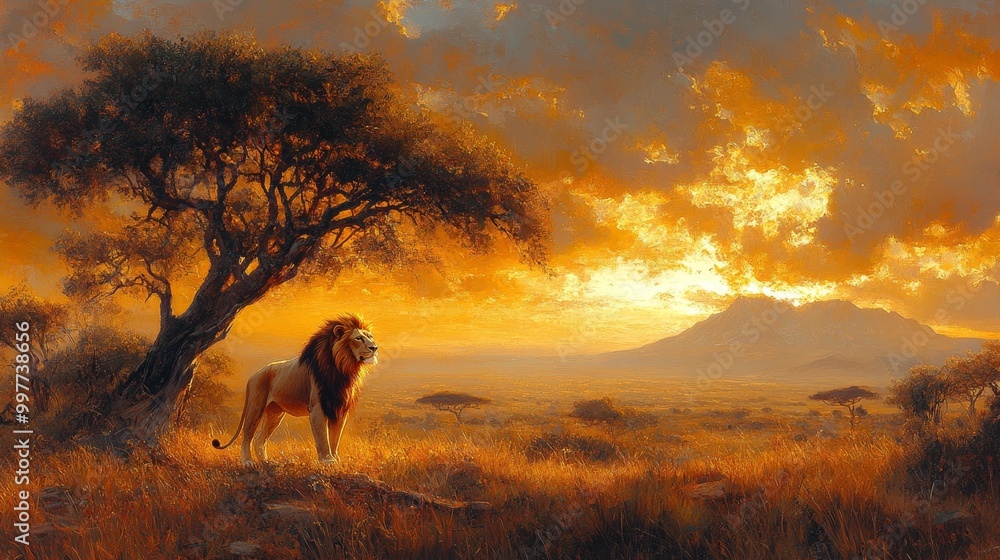 Fototapeta premium Majestic Lion at Sunset on African Savannah Generative AI