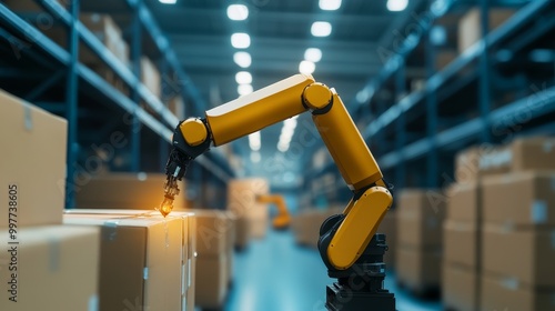 An automated industrial robot arm operates in a warehouse, showcasing the efficiency of modern manufacturing processes.  The robot is lifting a cardboard box, symbolizing automation, technology, effic photo