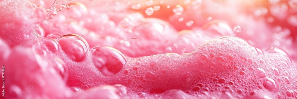 Close-up macro shot of pink bubbles and foam with sunlight shining through. Symbolizing cleansing, freshness, purity, softness and beauty. Close-up macro shot of pink bubbles and foam with sunlight shining through. Symbolizing cleansing, freshness, purity, softness and beauty.
