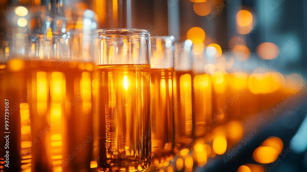 Close-up of glass cylinders filled with golden liquid, showcasing a production process, emphasizing quality, precision, and efficiency. Close-up of glass cylinders filled with golden liquid, showcasing a production process, emphasizing quality, precision, and efficiency.