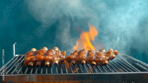 Close-up of delicious BBQ ribs on a grill, with smoke and flames in the background. Perfect for summer grilling, backyard BBQ, or a celebratory meal.