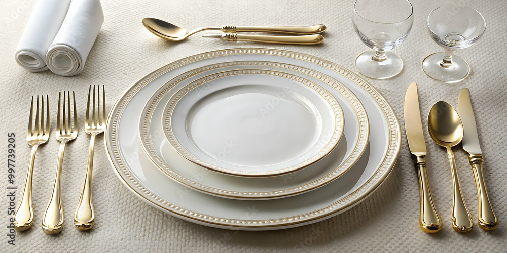 Elegant dinner setting with white tablecloth, fine china, and silverware, formal, place setting, elegant Elegant dinner setting with white tablecloth, fine china, and silverware, formal, place setting, elegant