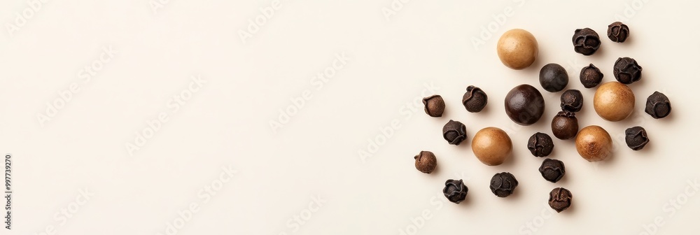 Dark Brown to Black Peppercorns with Slight Sheen, a close-up photo of peppercorns in various shades of brown and black, showcasing their texture and sheen. Dark Brown to Black Peppercorns with Slight Sheen, a close-up photo of peppercorns in various shades of brown and black, showcasing their texture and sheen.