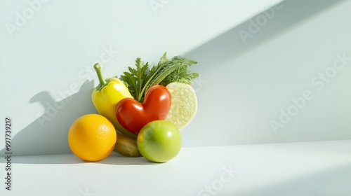 Colorful Heart-Shaped Arrangement of Fresh Vegetables and Fruits, symbolizing health, love, nutrition, vitality, and abundance.