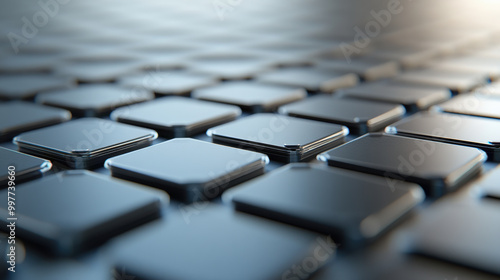 close up view of sleek, modern solar cells arranged in grid pattern, showcasing their high tech design and reflective surfaces. image conveys sense of innovation and sustainability