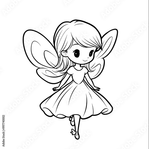 Cute kawaii fairy with sparkling wings flying coloring page for kids