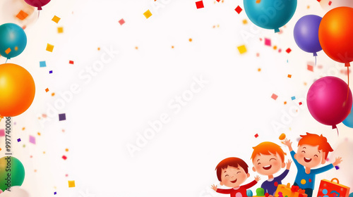 Happy Children's Day with Toys and Balloons Background Poster featuring three smiling children playing with toys and surrounded by colorful balloons and confetti.
