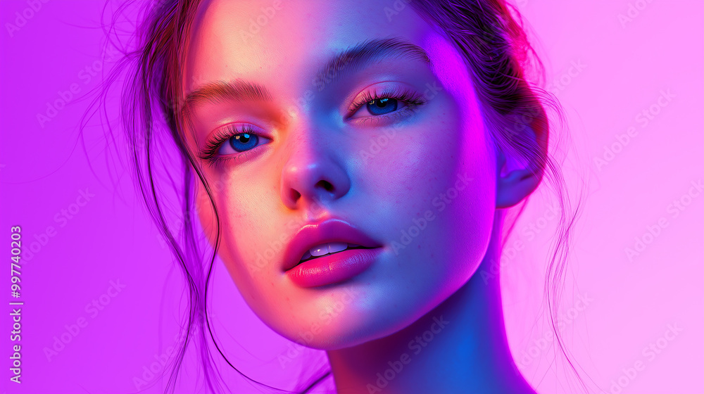 A woman with blue eyes and pink lips is standing in front of a purple background