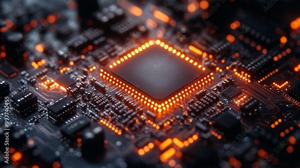 Glowing Circuit Board with Microchip Generative AI Glowing Circuit Board with Microchip Generative AI
