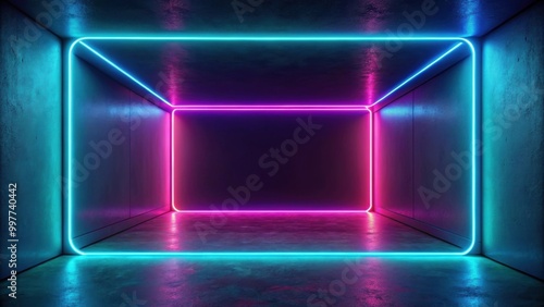 Looped neon lines glowing in dark room with floor reflection, virtual fluorescent ribbon loop, minimalist wallpaper