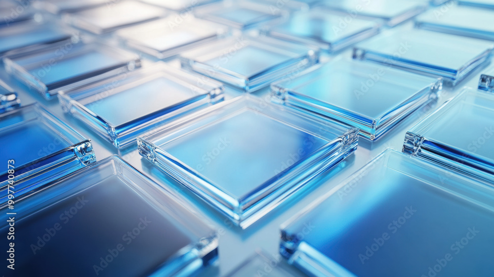 modern minimalist 3D rendering of transparent glass tiles arranged in grid pattern, showcasing serene blue color palette. image evokes sense of calm and clarity modern minimalist 3D rendering of transparent glass tiles arranged in grid pattern, showcasing serene blue color palette. image evokes sense of calm and clarity