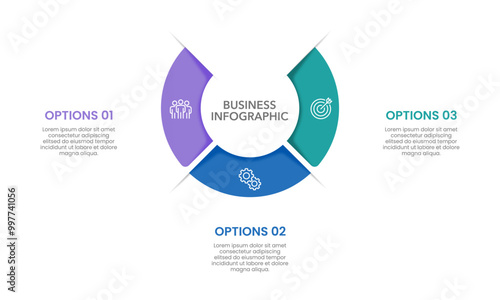 3 Business management options. Infographic semi circle design. Business presentation, Strategy, Marketing, Report, Data and Plan. Vector illustration.