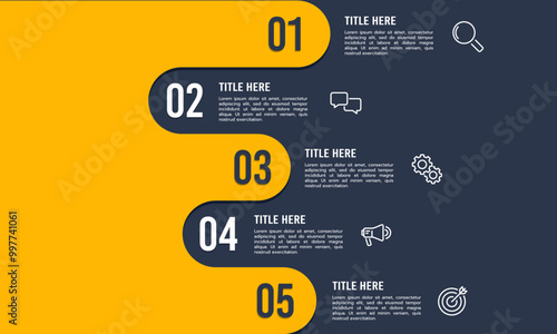 Infographic 5 steps or options to success on yellow and black background. Milestone, roadmap, timeline, planning and business presentation. Vector illustration.