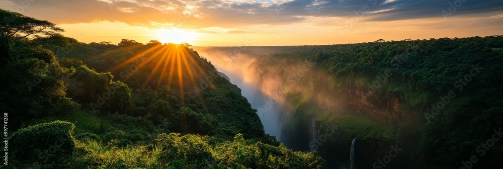 Vibrant Sunset Illuminates Majestic Murchison Falls, a breathtaking natural wonder showcasing cascading water, lush greenery, golden rays, and misty clouds. Vibrant Sunset Illuminates Majestic Murchison Falls, a breathtaking natural wonder showcasing cascading water, lush greenery, golden rays, and misty clouds.