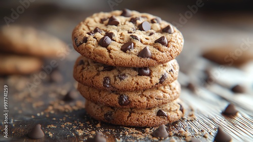 Close-up of a stack of four chocolate chip cookies on a wooden table.