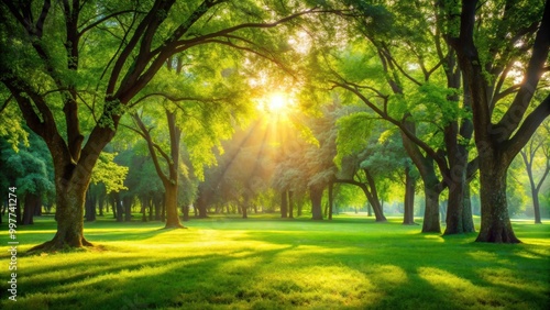 Fototapeta Naklejka Na Ścianę i Meble -  Blurry green park with sunlight shining through trees, nature, park, green, sunlight, abstract, background, summer
