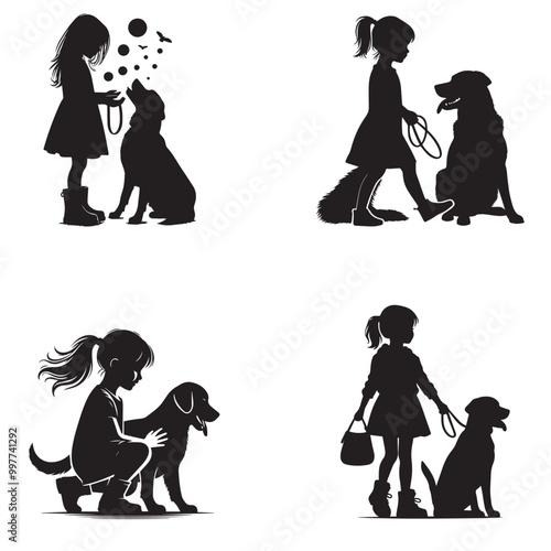  "Silhouette of a Girl with Her Pet - Vintage Retro Style Vector Illustration"