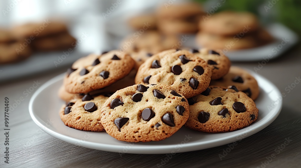 Close-up of a plate of freshly baked chocolate chip cookies. Close-up of a plate of freshly baked chocolate chip cookies.