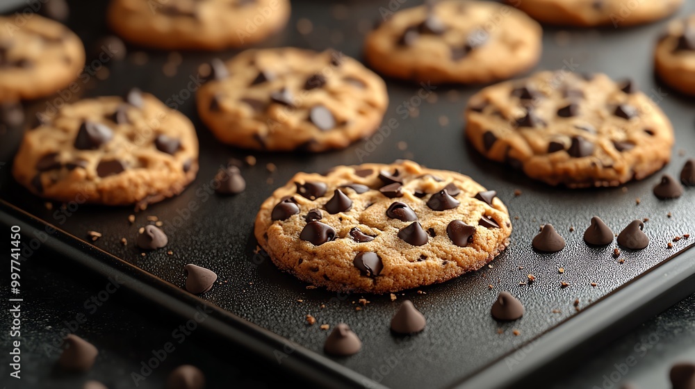 Close-up of freshly baked chocolate chip cookies in a baking pan. Close-up of freshly baked chocolate chip cookies in a baking pan.