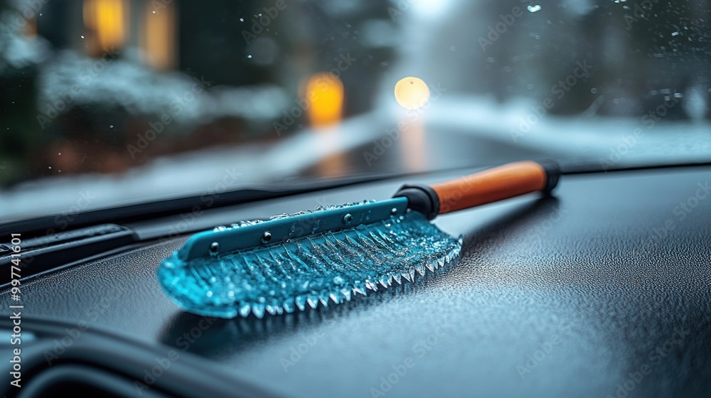 Ice scraper resting on a car dashboard in a snowy environment. Ice scraper resting on a car dashboard in a snowy environment.