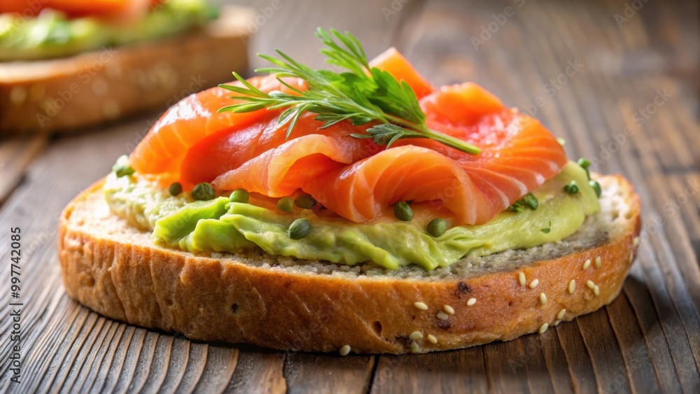 Close up of a sandwich with creamy avocado and fresh red fish, sandwich, avocado, red fish, seafood, healthy, green, lunch Close up of a sandwich with creamy avocado and fresh red fish, sandwich, avocado, red fish, seafood, healthy, green, lunch