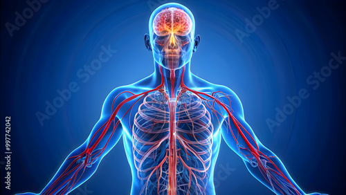 An anatomical of the human circulatory system, showing the brain, veins, kidneys, lungs, and blood , circulatory system photo