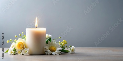 Fototapeta Naklejka Na Ścianę i Meble -  Candle with fresh flowers on beige background, minimalist style photography, candle, flowers, beige, background, minimalist
