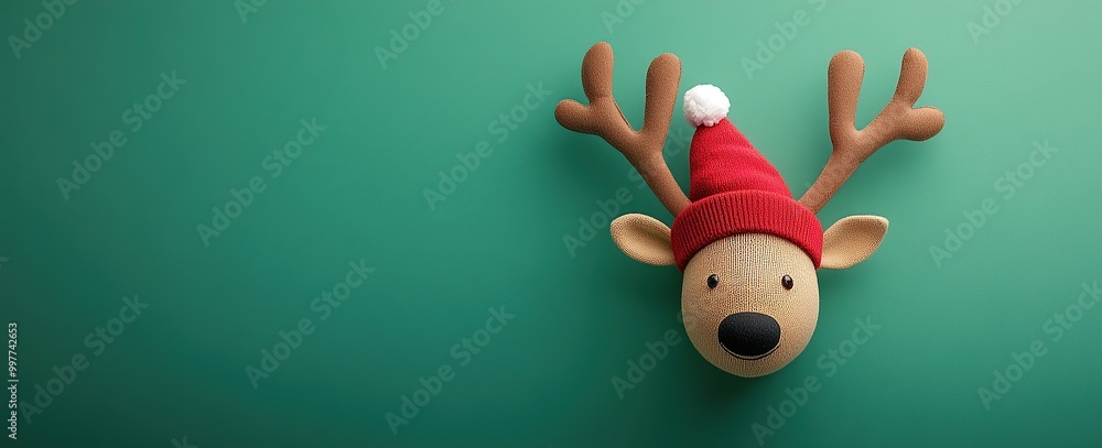 Fototapeta premium flat lay top view of minimalistic cartoon style reindeer head with antlers and red hat on green background