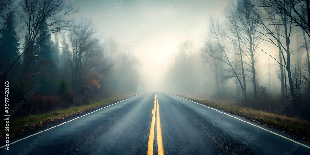 Fototapeta Misty road disappearing into the fog, mysterious, atmospheric, eerie, blurred, foggy, desolate, scenic, pathway, journey