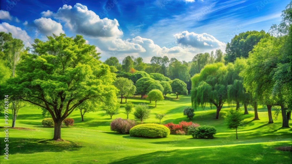 Naklejka premium Lush green landscape with a variety of trees, nature, foliage, environment, outdoors, forest, scenic, serene, peaceful