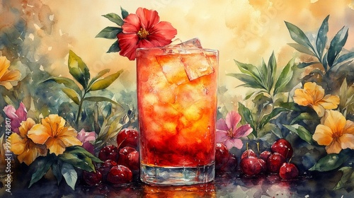 Refreshing Fruit Cocktail with Floral Decor Generative AI