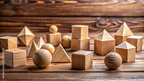 Close-up of geometric shapes on wooden background , geometric, shapes, close-up, wood, background, texture, abstract