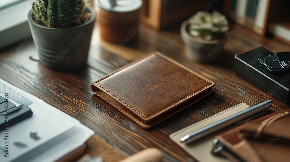 a leather wallet mockup, with surrounding office supplies on a desk. a leather wallet mockup, with surrounding office supplies on a desk.