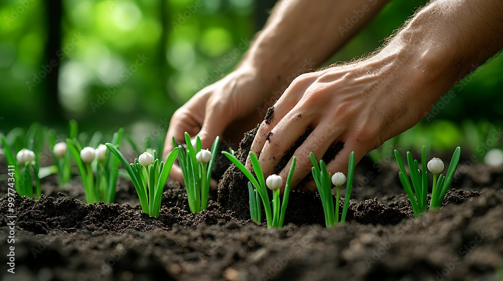 Hands softly brushing loose soil off of freshly planted bulbs, rich, dark earth surrounding the young plants, soft sunlight filtering through trees, creating a peaceful and nurturing atmosphere. Hands softly brushing loose soil off of freshly planted bulbs, rich, dark earth surrounding the young plants, soft sunlight filtering through trees, creating a peaceful and nurturing atmosphere.