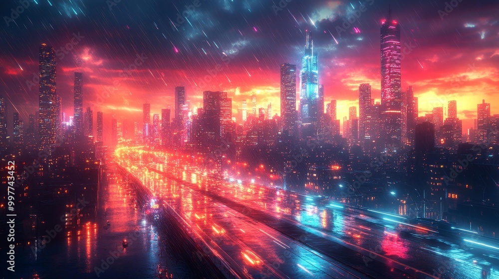 Obraz premium Rainy Neon Cityscape at Dusk Generative AI