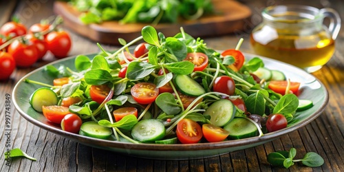 Fresh and vibrant watercress salad with cherry tomatoes, cucumber, and balsamic vinaigrette , healthy, green, organic