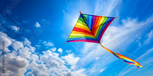 Whimsical shot of a colorful kite flying high in a clear blue sky, capturing the carefree spirit of summer, kite, flying