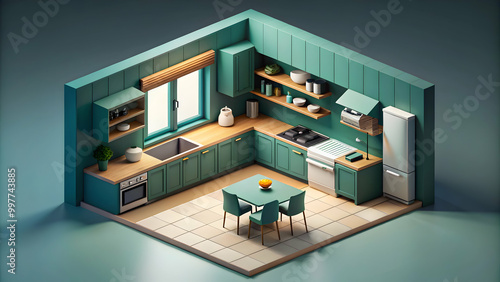 isometric kitchen interior with low poly style in dark green and turquoise colors, round shape