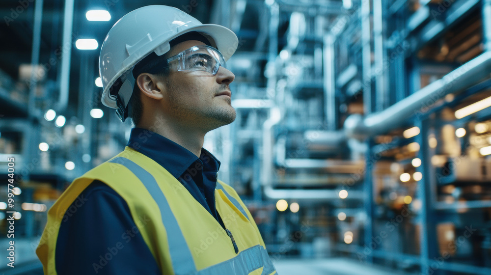 focused worker in safety helmet and goggles stands in industrial setting, showcasing dedication and professionalism in modern facility focused worker in safety helmet and goggles stands in industrial setting, showcasing dedication and professionalism in modern facility