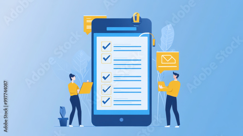 Digital compliance checklists guide teams through tasks efficiently, showcasing smartphone with checkmarks and notifications. This illustration emphasizes organization and teamwork