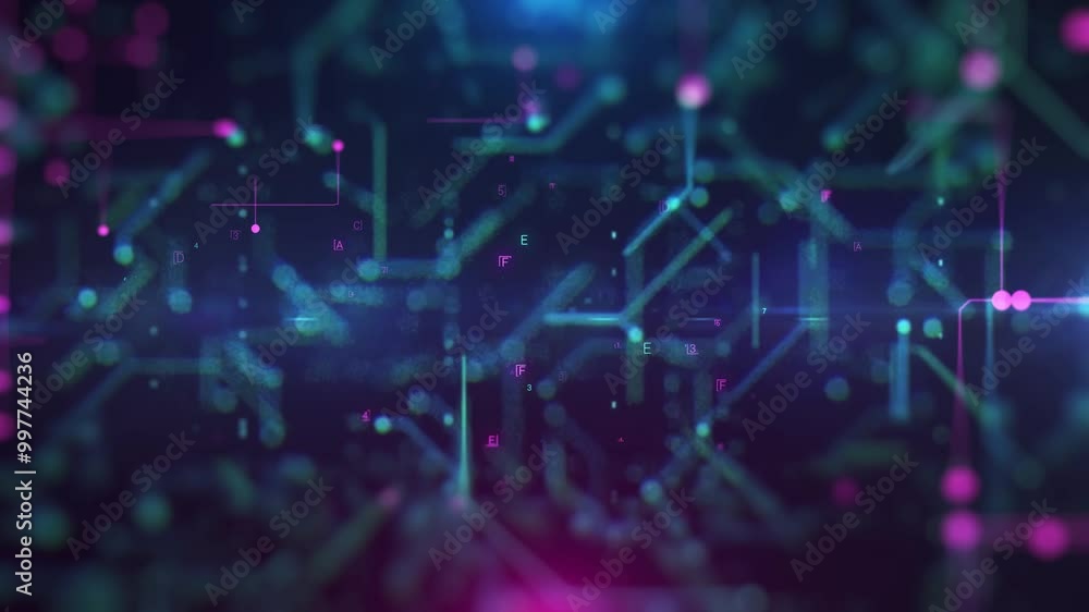 A futuristic, cybernetic background featuring a network or circuit board with neon lights on a dark backdrop