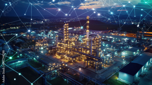 Wallpaper Mural image showcases modern industrial facility illuminated at dusk, with network of connected lines symbolizing IoT technology. This scene reflects integration of real time data collection in optimizing Torontodigital.ca