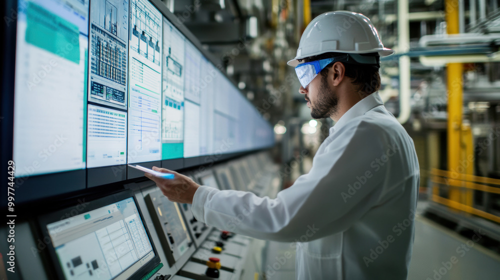 Efficient quality control metrics are being monitored by technician in modern industrial setting. focus is on continuous improvement and data analysis for optimal performance Efficient quality control metrics are being monitored by technician in modern industrial setting. focus is on continuous improvement and data analysis for optimal performance