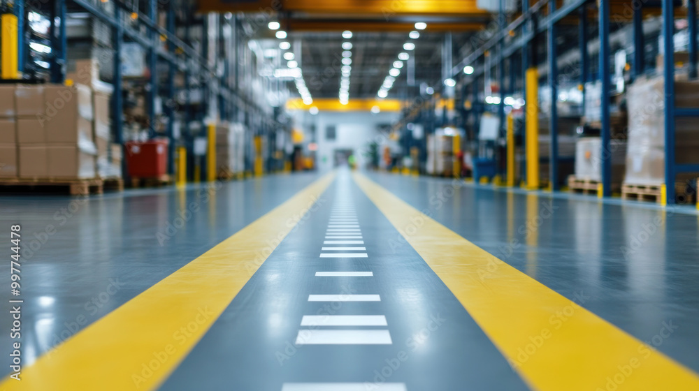 spacious warehouse interior featuring polished concrete floor with yellow lines marking pathway. environment is well lit, showcasing shelves stocked with boxes, creating sense of organization and spacious warehouse interior featuring polished concrete floor with yellow lines marking pathway. environment is well lit, showcasing shelves stocked with boxes, creating sense of organization and