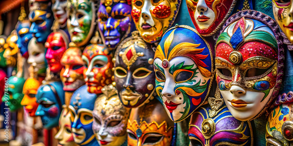 Close-up of various colorful masks on a display, masks, costume, festival, party, celebration, culture, tradition Close-up of various colorful masks on a display, masks, costume, festival, party, celebration, culture, tradition