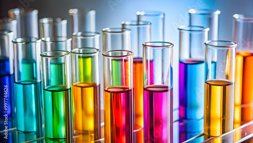 Close-up of laboratory tubes with colored liquids , science, research, chemistry, chemicals, experiments