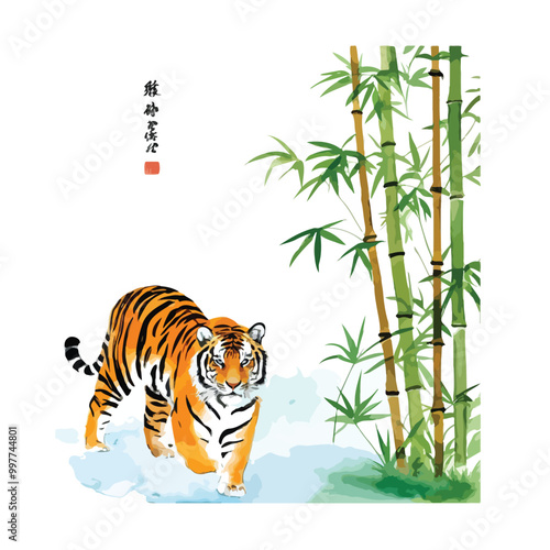 tiger and bamboo vector card japanese chinese nature ink vector watercolor art isolated on white background