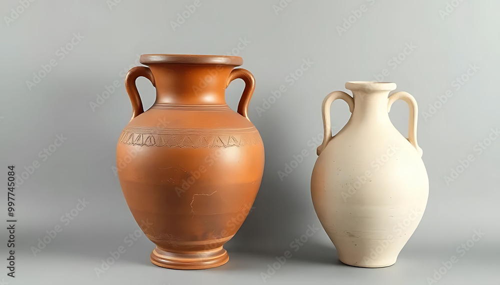 Two Greek amphorae are standing on a surface in light pastel colors. Two Greek amphorae are standing on a surface in light pastel colors.
